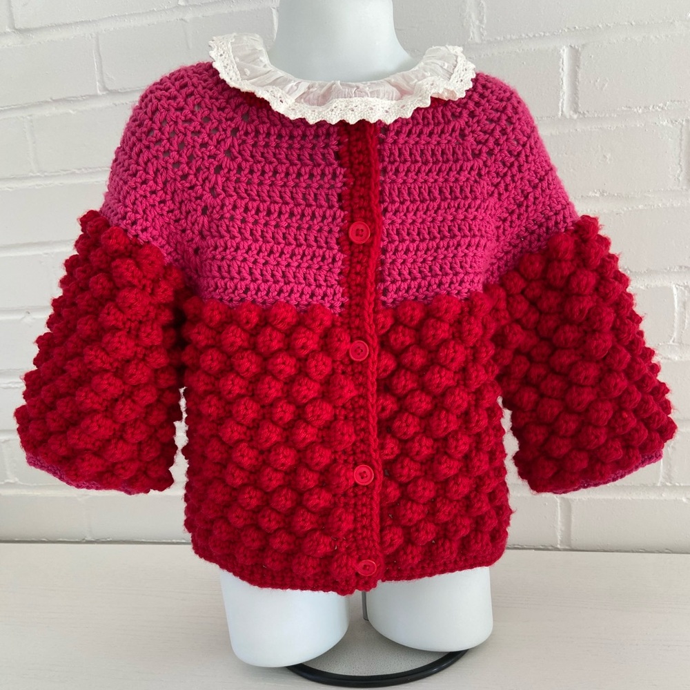 Girls Handmade Warm Layering Bobble Stitch Crochet Cardigan Sweater Size 2T-3T